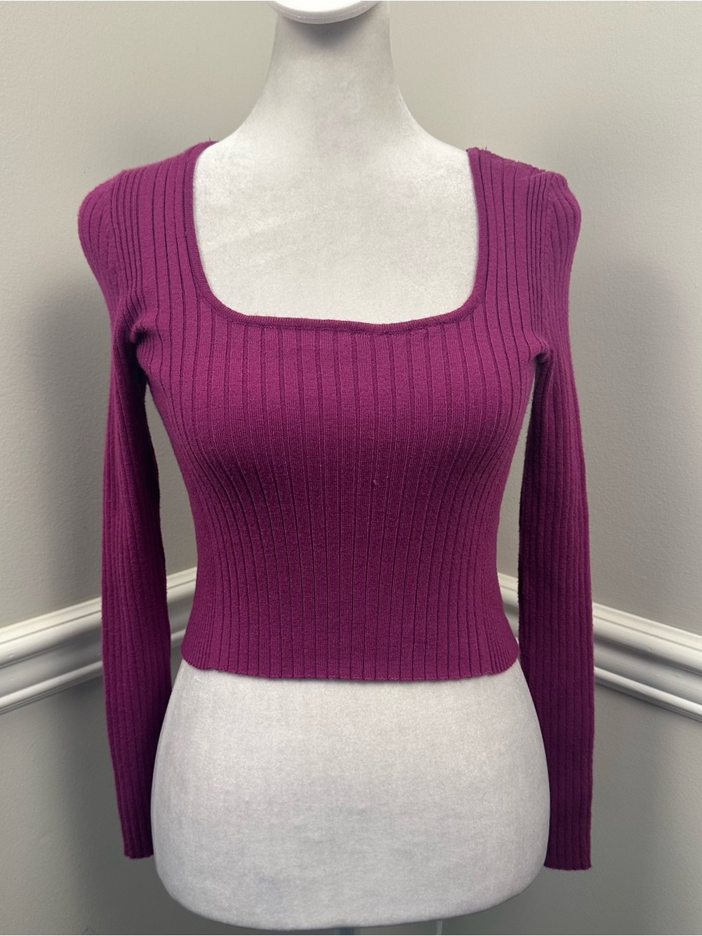 Kendall & Kylie Purple Ribbed Square-Neck Long Sleeve Top S